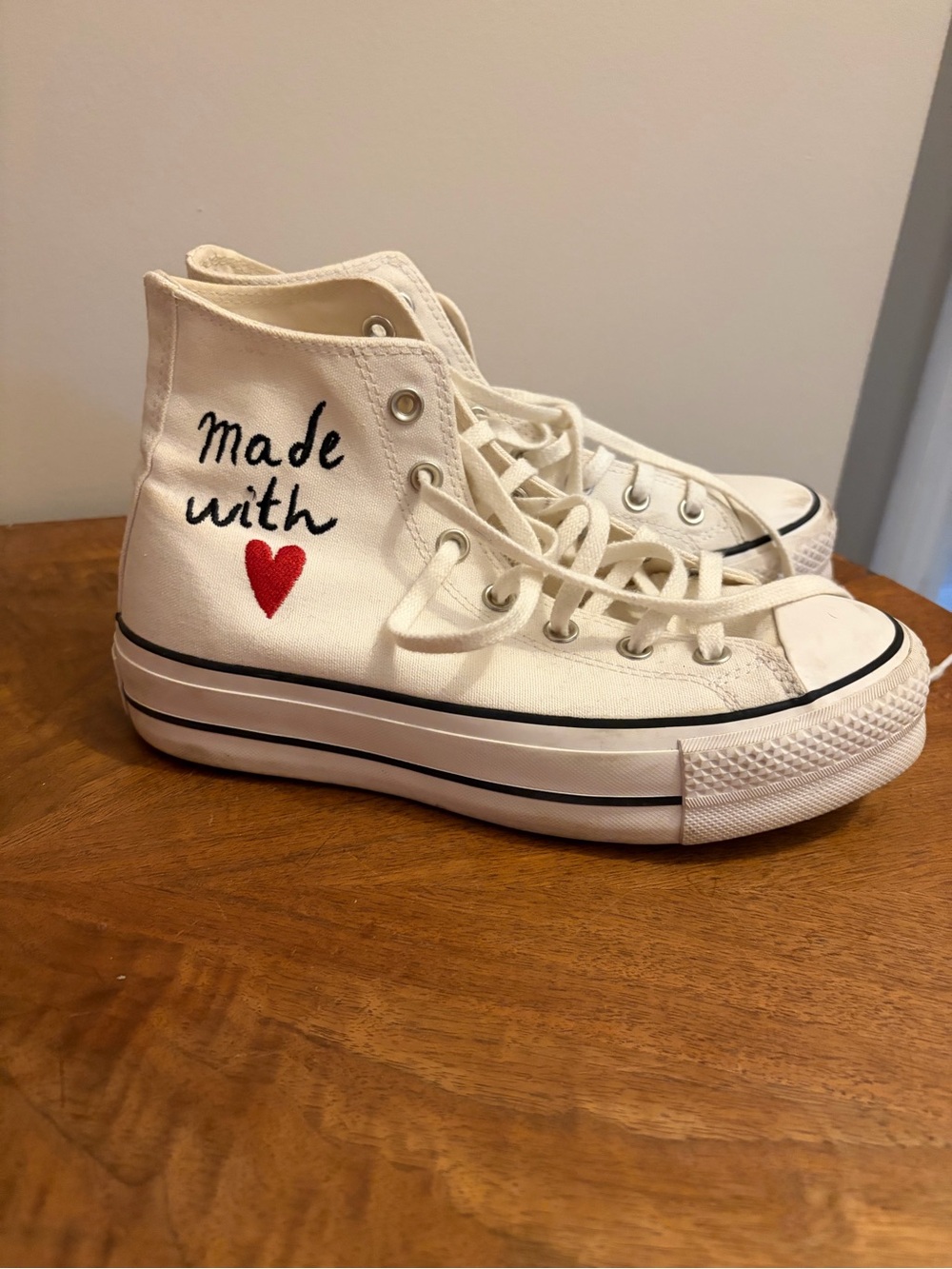 Canvas High-Top Sneakers with Red Heart Embroidery - White